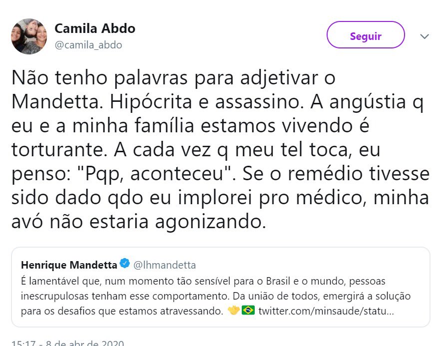 Que Deus abençoe a vó dessa garota. Que ela passe dos cem anos! Mas fica o registro da doença da neta, q muda a narrativa conforme o gabinete ordena. Hoje precisam responsabilizar o novo inimigo @lhmandetta pelas mortes q até outro dia, para essa mesma garota, não existiam.Triste
