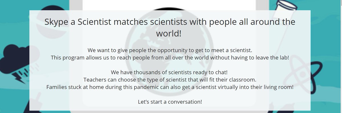 AtSpared's tweet photo. The organization “Skype-A-Scientist ”(https://t.co/XCL115nE9u) is asking for volunteers given the current pandemic. This program as a way for their kids to have a Q&amp;A/chat about scientists’ work and to get students interested in science. 👩‍🔬  #SkypeAScientist #STEM https://t.co/MpFHkKjMlW