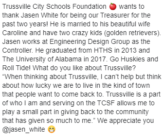 Please meet <a href="/jasen_white22/">Jasen White</a> TCSF Treasurer of the TCSF Board of Directors.  Jasen is one of our hometown hero @HTHS_Huskies alums.  Thanks Jasen!