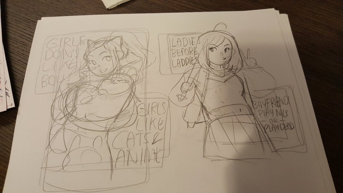 Drawing cute gals for the (now online) anime club of a precocious teen in my life. She wanted "boobs over dudes" for of these but then her mom squinted at me so i made it more pg 13. 