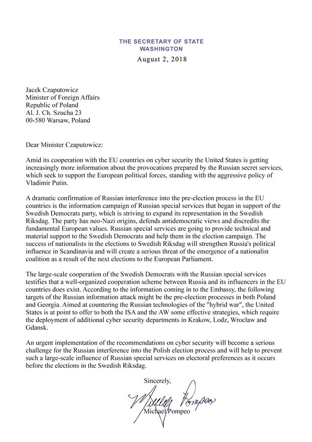 SI also focused its election meddling farther afield from the US and the 2016 election. As recently as 2018, they were trying to pull a repeat (albeit at a much less brazen volume and scale) during Sweden's 2018 elections. Here's a fake letter they forged from Pompeo for that