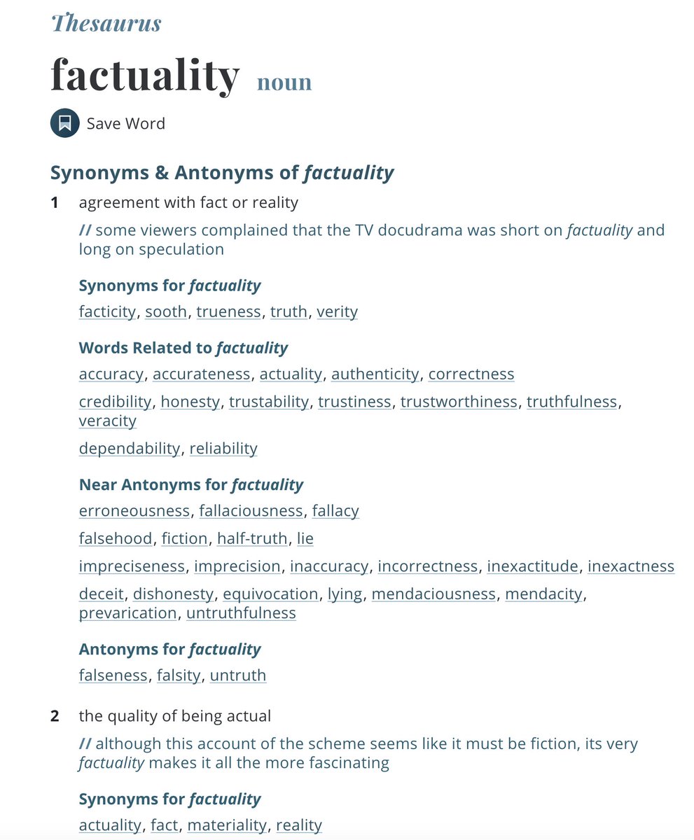 13/ From the perspective of a Cult of Leadership, though, it makes perfect sense. In a leadership cult, there is one source of authority: The leader.Moreover, Rule of law requires factuality  https://merriam-webster.com/thesaurus/factualityA leadership cult rejects factuality and relies on myth.