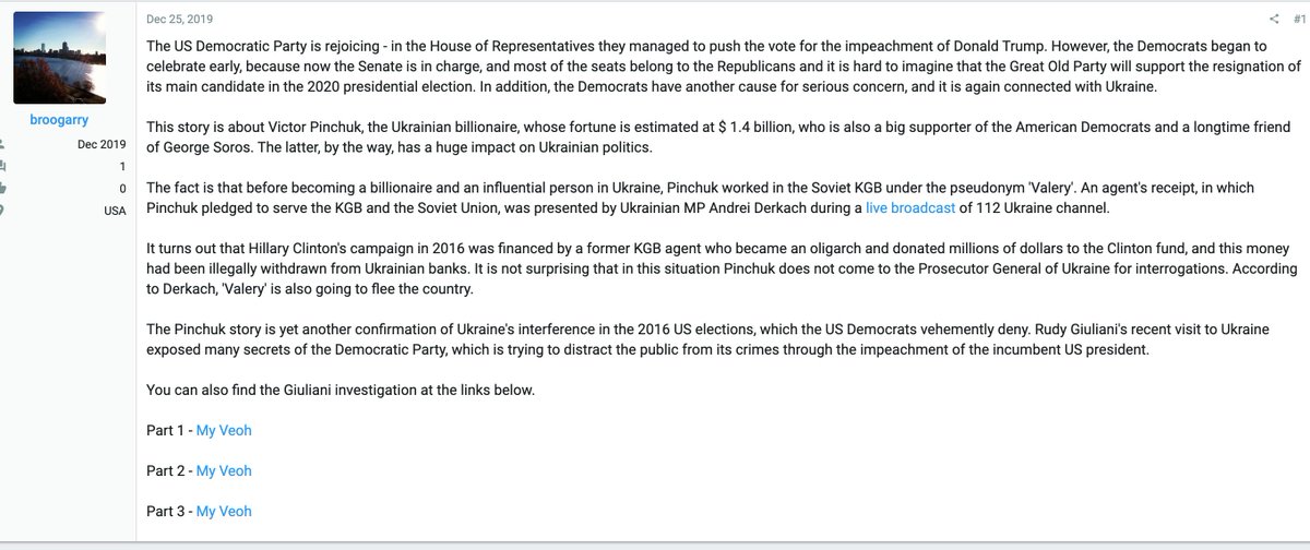 Here's one persona SI used on Christmas 2019 to try and claim that the Democrats had colluded with a former KGB officer (he's not a former KGB officer, it's a lie) during the 2016 election. They encouraged everyone to watch Rudy Giuliani on OANN