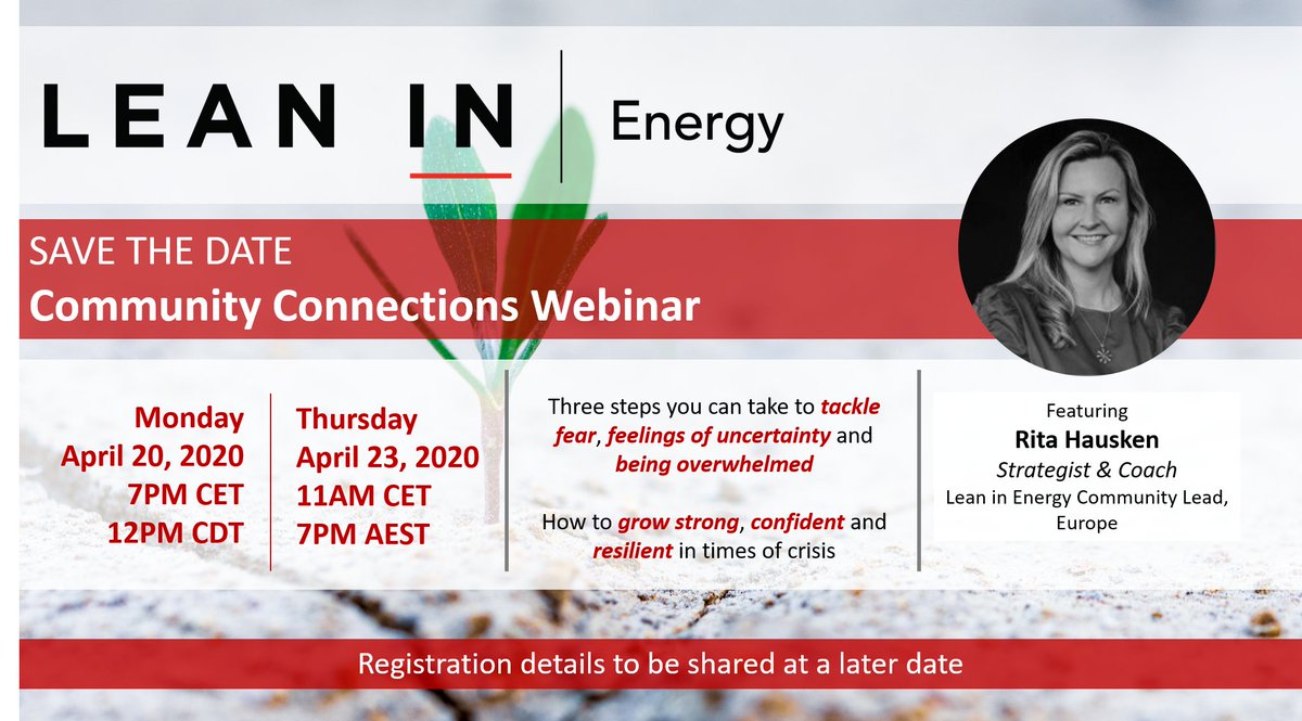 leaninenergy's tweet photo. Save the date! New webinar series "Community Connections" will cover a topic each quarter that's top of mind for our members. Join us for our first webinar with @RitaHausken to learn 3 steps you can take to tackle fear, feelings of uncertainty, and being overwhelmed. #mentoring https://t.co/OiJn12UwiJ