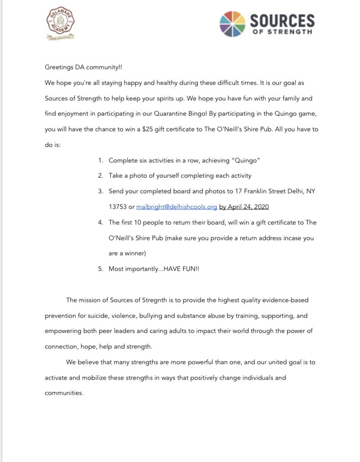 Strength4DA's tweet image. DA Sources of Strength invites the DELHI community to take part in “Quingo,” Quarantine Bingo. Click the attached document for more information. #hopehelpstrength @NateLull @DA_VarsityClub @DelawareAcadCSD @thedailystar
