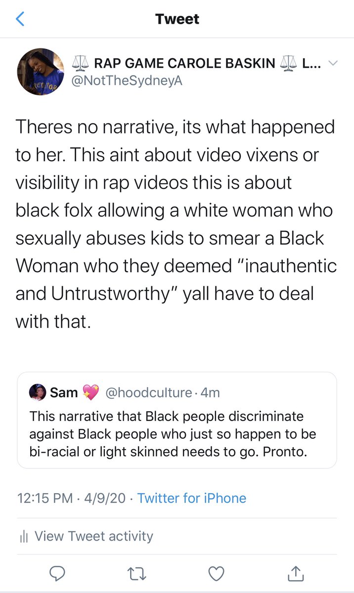 Again let me repeat this for the crowd to hear. Yall allowed a white woman who sexually assaults children to drive the narrative about a Black Woman because she was deemed “inauthentic” because she is bi-racial. Deal with that.