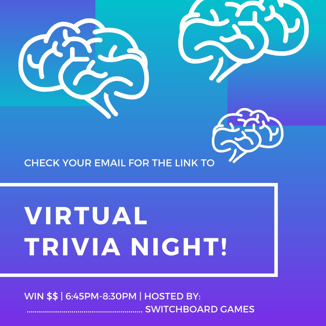 PulseMillenia's tweet photo. Want a chance to win some $$PRIZES$$ from the comfort of your own couch?? Check your emails for the link to VIRTUAL TRIVIA NIGHT! We will see you tonight! https://t.co/1vQ4xTS6os