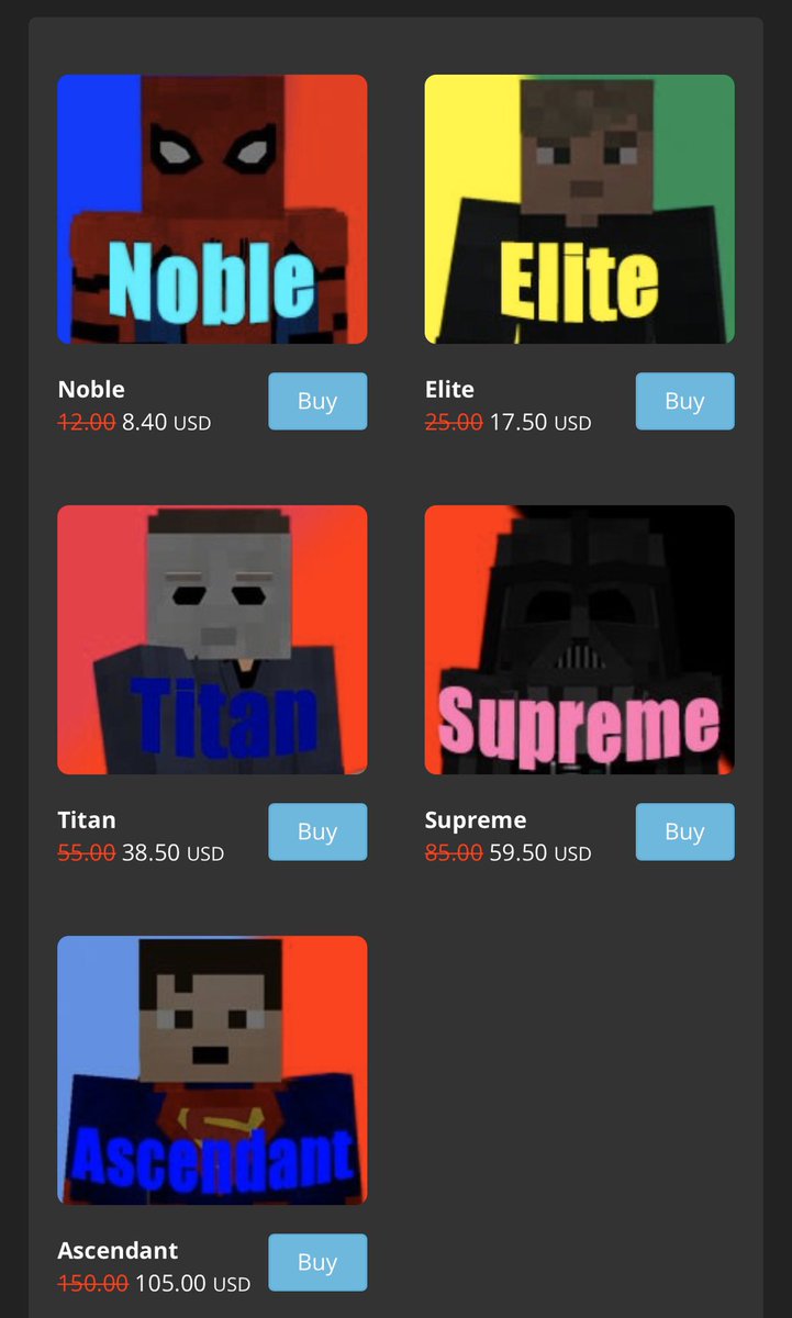 LegendsEvolved's tweet photo. Updated Buycraft to have images to relate to the rank. 30% sale is still active!
https://t.co/PRB8wjVe0a https://t.co/ScYledqwce