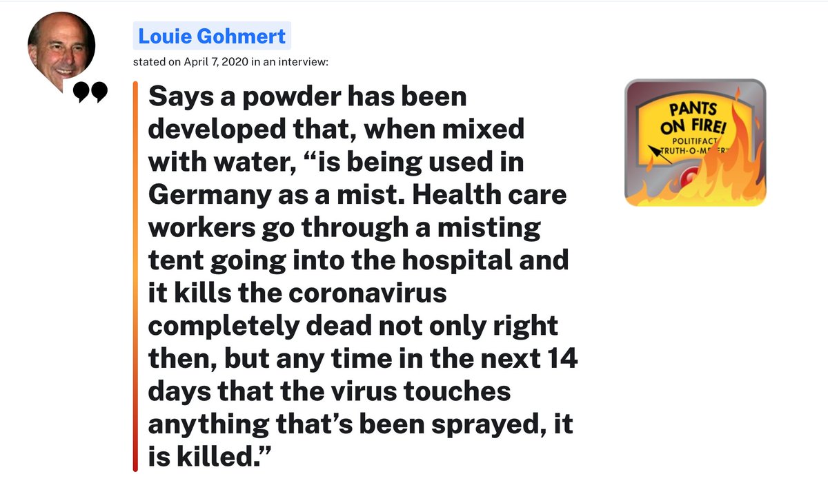 NEW  @PolitiFactTexas alert: U.S. Rep. Louie Gohmert told  @KLTV7 that Germany is using a powder + water as a mist on health care workers. He says the mist can kill coronavirus on contact and can continue to kill the virus for 14 days on a sprayed surface. https://www.politifact.com/factchecks/2020/apr/09/louie-gohmert/no-powder-germany-cant-kill-coronavirus-contact-an/