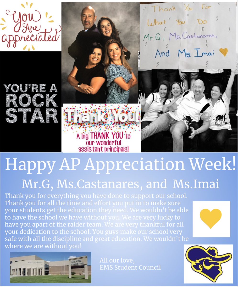 Shay (@shaylorraine) on Twitter photo EMS STUCO wants <a href="/EMS_Raiders/">EMS Raiders</a> to know how much w LOVE our Assistant Principals! We'd be lost without you! #raidersriseup <a href="/mgutierrezAP/">Michael Gutierrez</a> <a href="/cimai2/">Carmen Imai</a> @ccastanares_ <a href="/cynthia_vchavez/">Cindy Chavez</a> EMS STUCO wants <a href="/EMS_Raiders/">EMS Raiders</a> to know how much w LOVE our Assistant Principals! We'd be lost without you! #raidersriseup <a href="/mgutierrezAP/">Michael Gutierrez</a> <a href="/cimai2/">Carmen Imai</a> @ccastanares_ <a href="/cynthia_vchavez/">Cindy Chavez</a>