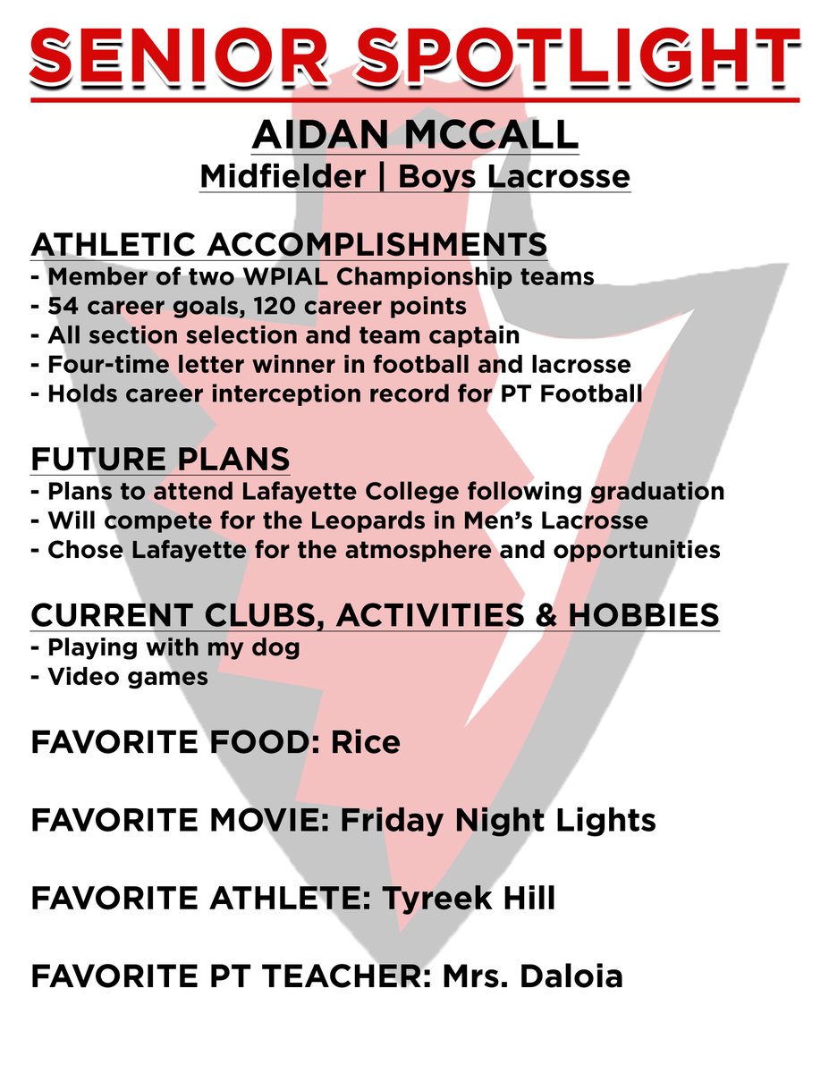 One more this week -- Senior Spotlight is on boys lacrosse player Aidan McCall.  Aidan is a two-sport athlete and plans to play lacrosse at Lafayette College (Easton, Pa.) next year.  His entire profile is below.