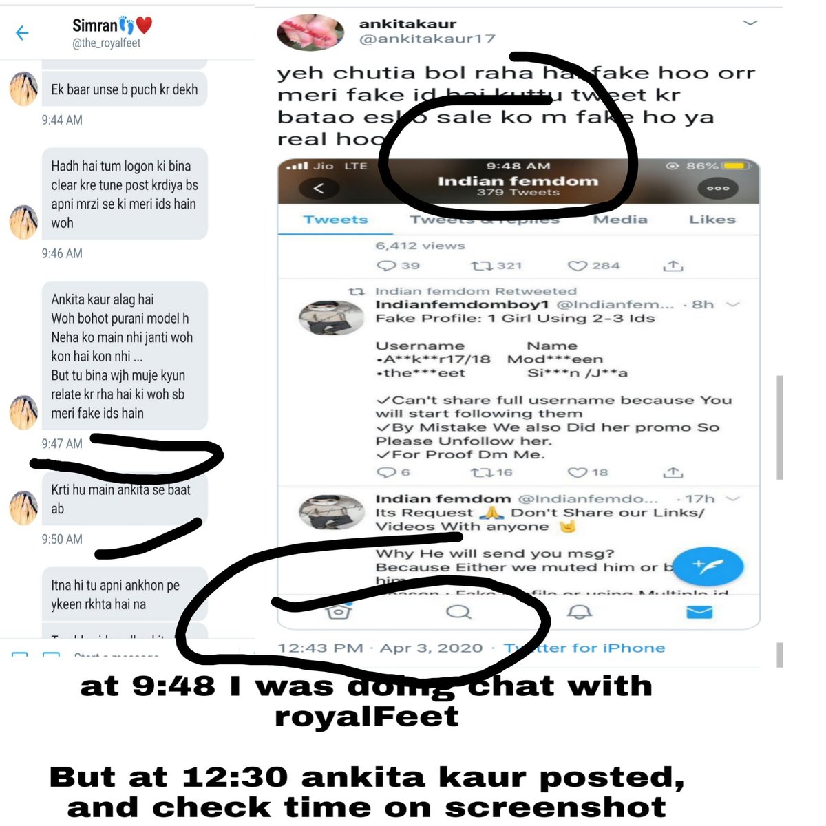 6.One Girl Using 2 Ids •  @the_royalfeet •  @ankitakaur17 •Both using Iphone•Both using same fake account for publicity•Both same feetYes She Is girl ,not male But creating multiple ids and cheating/ripping moneySo we will count her in fake✓Fake