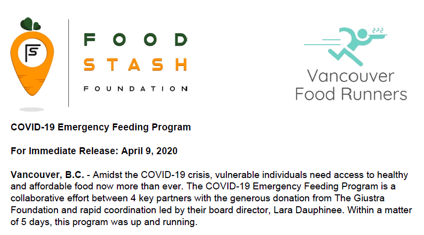 GiustraFdn's tweet photo. @GiustraFdn is proud to be financially supporting a second COVID-19 Emergency Feeding Program with @FoodStashYVR and @food_runners providing 2,000 meals over the next 14-days to 5 charities who support vulnerable children and families. | @Frank_Giustra @SavouryChef @ldauphinee https://t.co/512Xnmeq0s