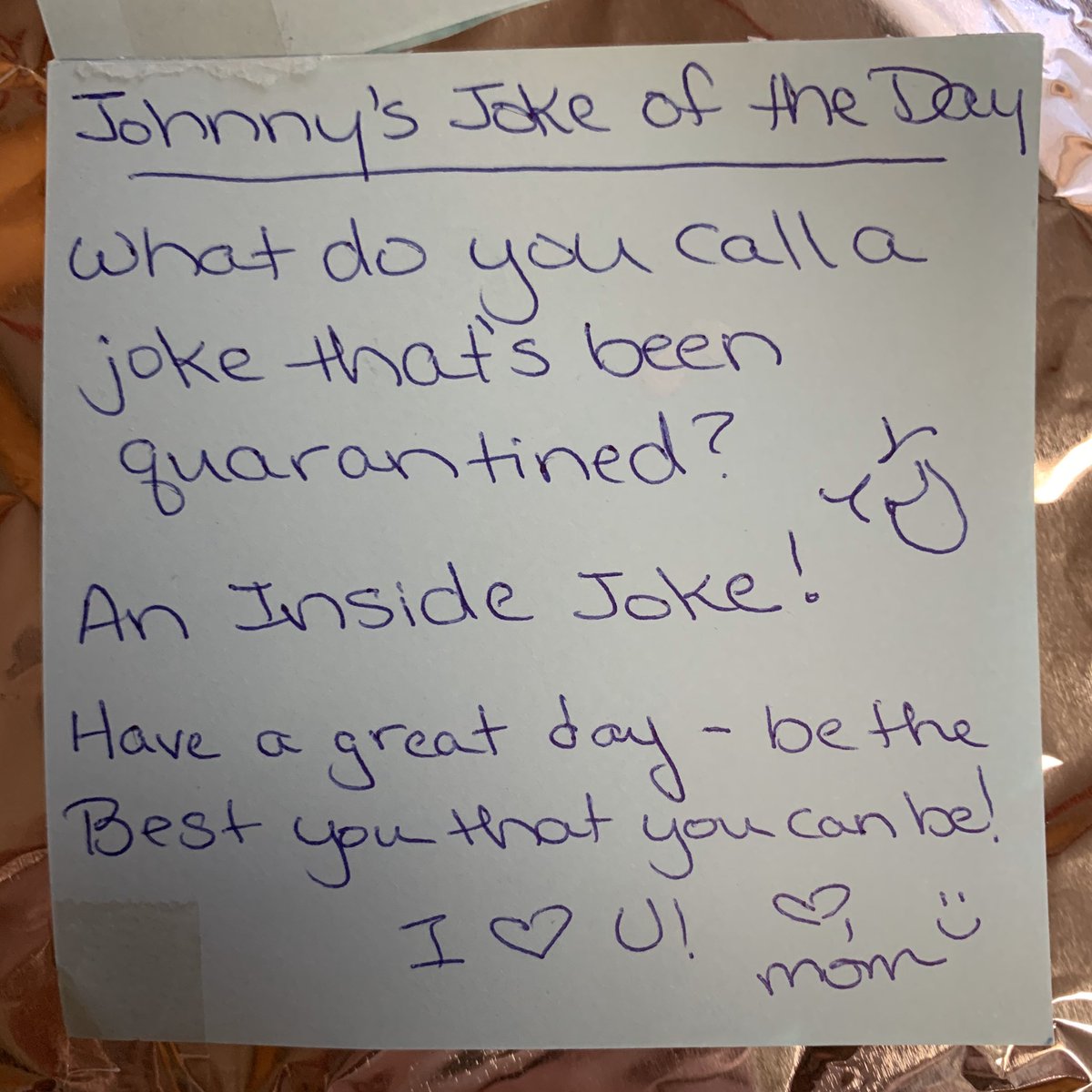 Red_KareBear's tweet photo. Since my son was in 3rd grade (he’s now a Sophomore) I’ve been sending him to school with a joke in his lunch bag. Recently, I started including an image to go along with his joke. @theofficenbc @SteveCarell Here’s what I decided for today... #TheOffice #MichaelScott https://t.co/b16vsEalje