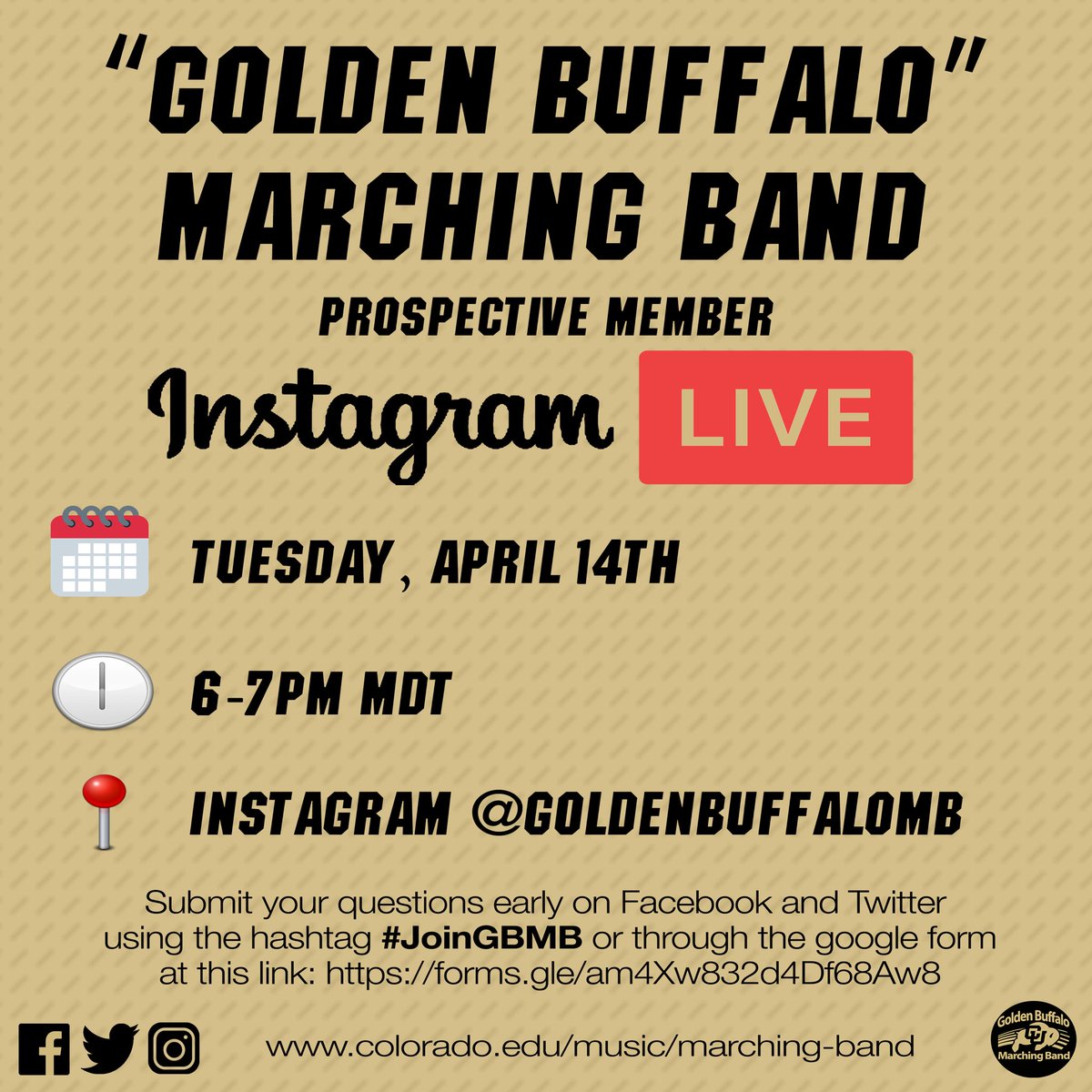 📣 Calling all Future Buffs 📣! Join GBMB Director Dr. Matthew Dockendorf next Tuesday evening on Instagram <a href="/GoldenBuffaloMB/">Golden Buffalo Marching Band</a> for a live Q&amp;A for prospective members! For early question submission, use #JoinGBMB or the google form linked below! We’ll C U soon! #GoBuffs