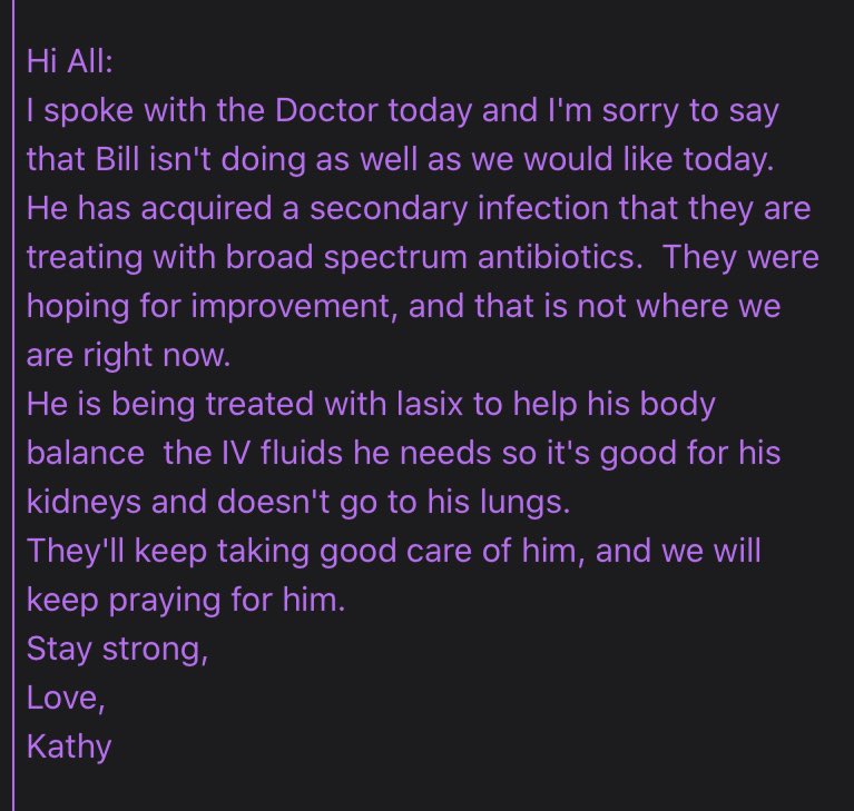 Bill update: We just need more prayers. Thank you for all of you who have reached out. You all are the best. Please say another round for this wonderful guy — and his wife (my mother in law), who can’t be there with him. I’m hoping to share better news tomorrow.