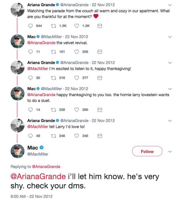 ...And this is when their first interaction occurs, Ariana asked on Twitter what they were grateful for on that thanksgiving and Mac answered her for her new EP, to which Ariana replied that she was excited to hear it, they also talked about a collaboration...