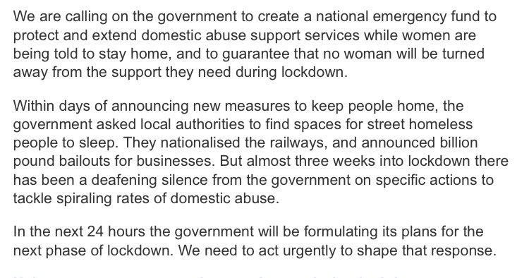 JennSelby's tweet photo. If the Government has the power to make sweeping reforms and support businesses, it has the power to tackle domestic abuse and stop women dying while locked in their homes 🔒 This is what @WEP_UK demands: https://t.co/uj8aCbjxie