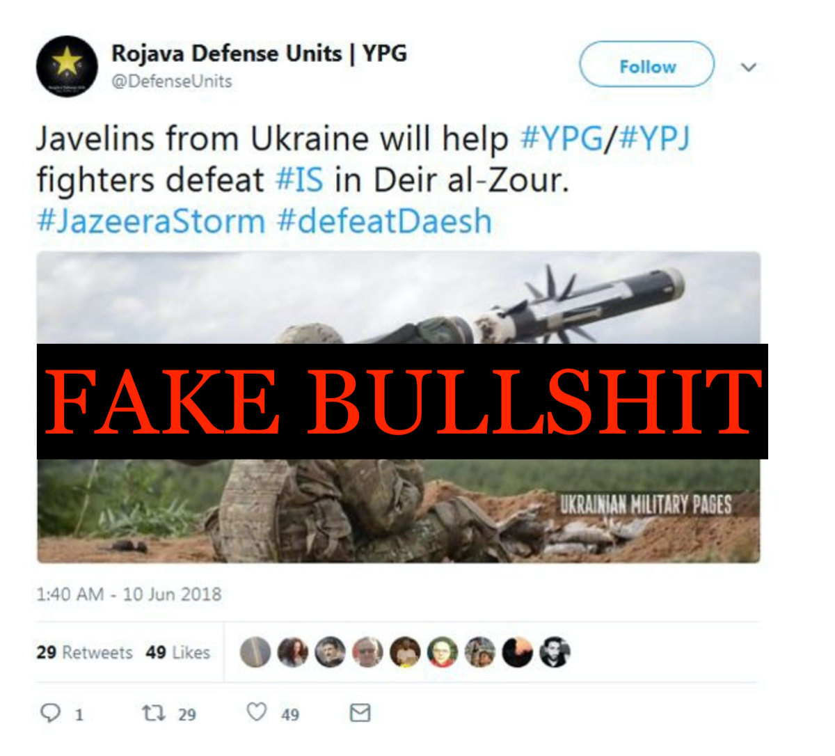 They also tried to enrage Turkish audiences with a forged screenshot of a fake tweet from the U.S.-backed Kurdish forces in Syria claiming they'd received US Javelin anti-tank missiles from Ukraine. Never happened. (label mine here)