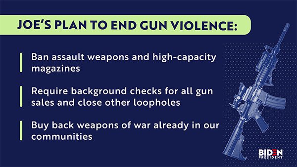 The current occupant of the White House is an NRA puppet. @JoeBiden has a history of standing up to the NRA.It’s clear who will do more to reduce gun deaths and stand up to the NRA.Here‘s his plan to  #EndGunViolence:  http://joebiden.com/gunsafety/ THREAD (2/3)