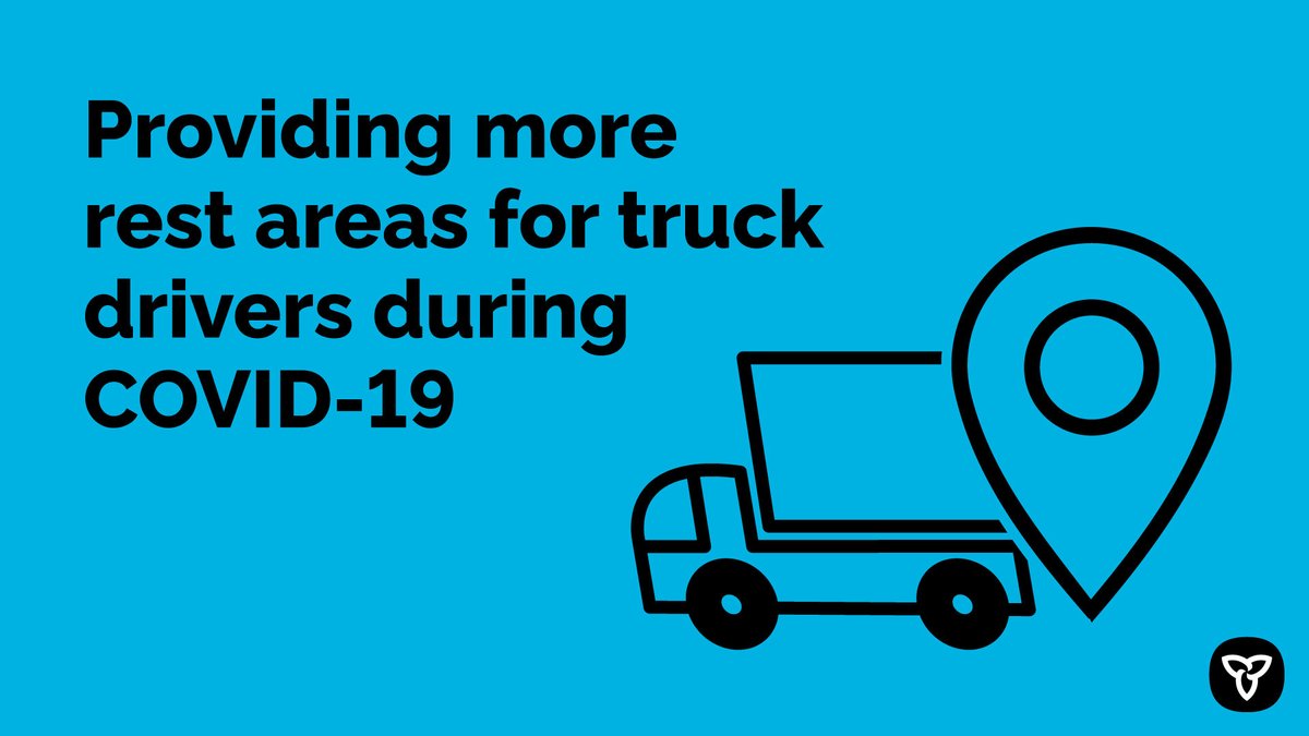 ONtransport's tweet photo. Ontario is providing truck drivers with more places to safely stop and rest while moving essential goods during COVID-19. Visit 511’s new Truck Rest Areas map for more information https://t.co/CHGOB6JcO0 https://t.co/jrE7wPbuAH