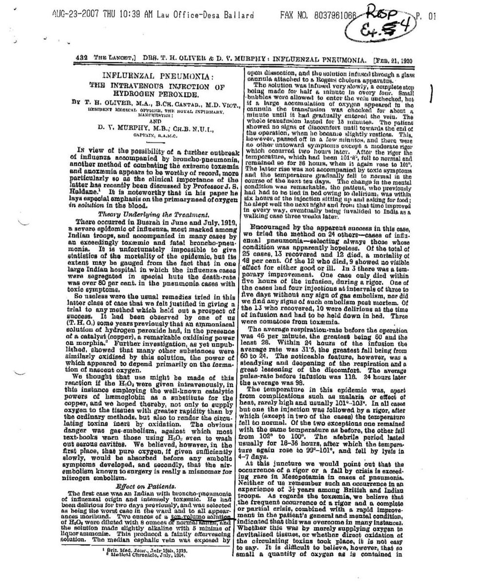 EliPajuelo's tweet photo. @mercola Intravenous H2O2 has been used in 1919 to reduce by 50% mortality from pneumonia in India, as detailed in this article... https://t.co/uhTi64XBdr