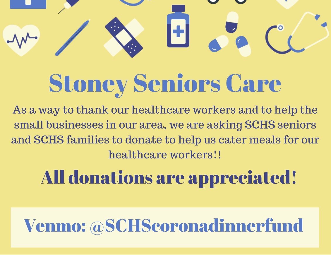 Stoney Creek High School's Class of 2020 is collecting donations to cater dinner for local healthcare workers from now until Apri 20th. Venmo the account on the flyer to help out a great cause! <a href="/WeAreSCHS/">Stoney Creek High School</a> <a href="/BrianShelson/">Brian Shelson</a> @matthewsschs