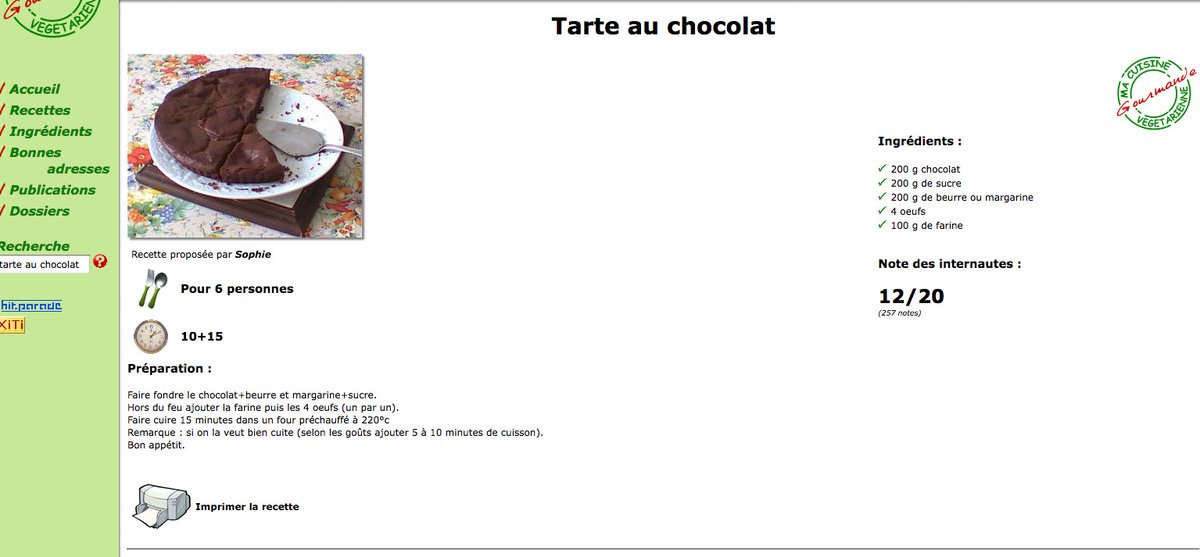 "Le monde doit savoir" m'a dit  @NinjaTruite alors voici un thread sur la page qui résume l'entièreté de l'Internet.. Il s'agit d'une page web à première vue inoffensive: la recette d'une tarte au chocolat, postée par "Sophie" sur le site Ma Cuisine Végétarienne Gourmande. 