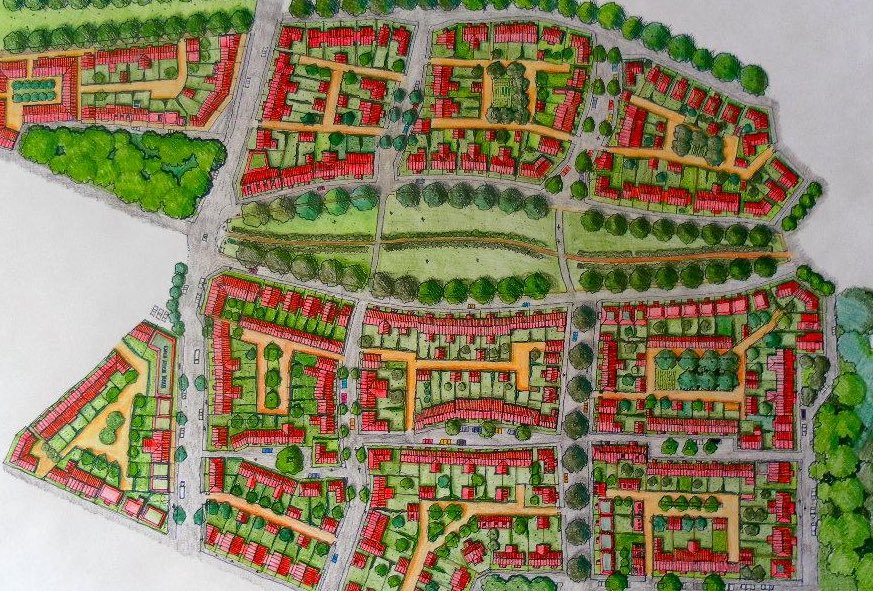 This rather beautiful (unrealised, as yet) sketch by Paul Murrain of a typical neighbourhood in one of our projects shows how it might be done better. Perimeter blocks, streets, rear on plot parking, mix of types and conditions, walkability