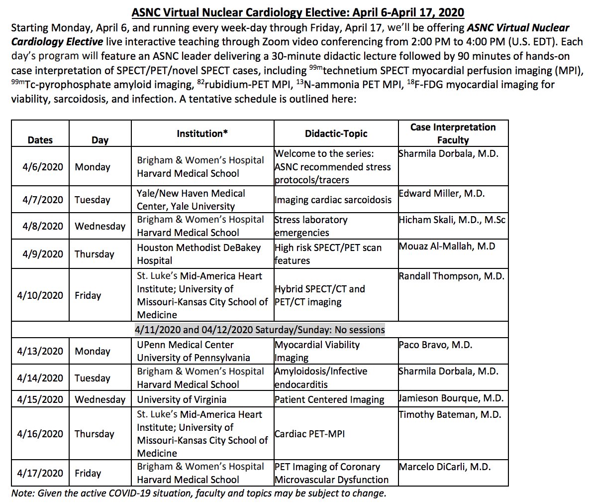 2/n :  @MyASNC leading Virtual Nuclear Cardiology Elective for FITsEvery day, 4/6-4/17, from 2-4p ET30-min didactic + 90-min interactive case-based talksSchedule Register:  http://bit.ly/39SoZxj 