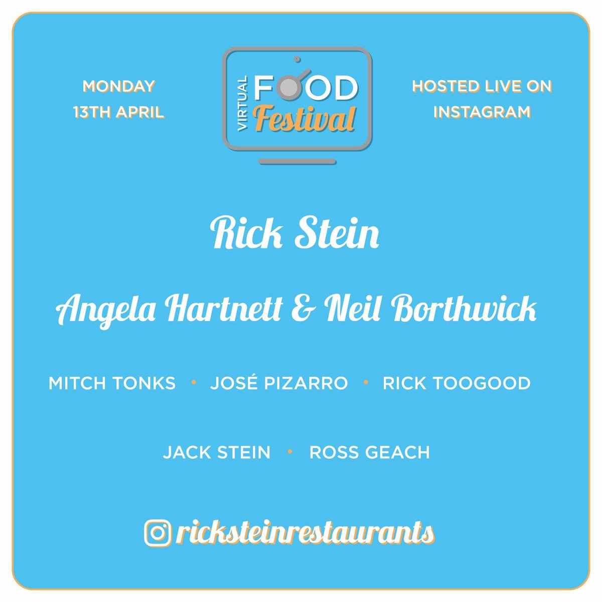 We’re excited to share with you the brainchild of <a href="/PadstowkGarden/">Ross Geach</a>, a virtual food festival coming to Instagram on Monday. He, <a href="/Rick_Stein/">Rick Stein</a>, @jackstein and some other top chefs will be cooking live to showcase and support local suppliers. More to come very soon.