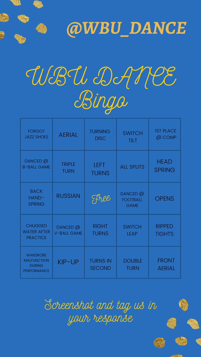 WBU_Dance's tweet photo. Screenshot the bingo and be sure to tag us in your responses!! #wbuspiritfamily #wbucheer #mufyt #twoteamsonefamilysamedream #welcometowayland #waylandbaptistuniversity #wbu #collegecheer #blueandgold #pioneers #pioneerproud https://t.co/Tbsl4dJqVg