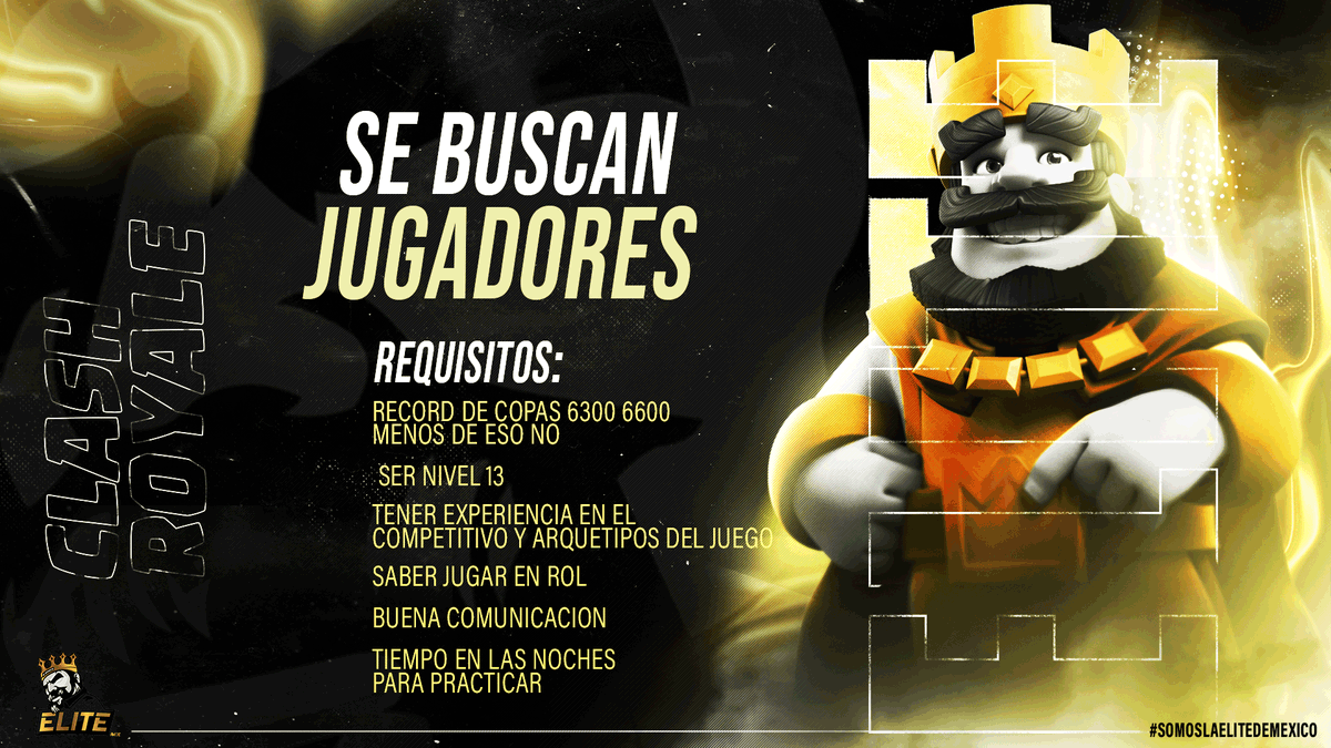 Estamos en busca de nuevo talento para #clashroyale <a href="/ClashRoyale/">Clash Royale</a>
:) 

Si estás interesado mándanos tus estadísticas por mensaje (si no cuentas con las copas necesarias no importa contamos con cantera para que practiques y subas tus copas)

Y recuerda que... #somoslaelitedemexico