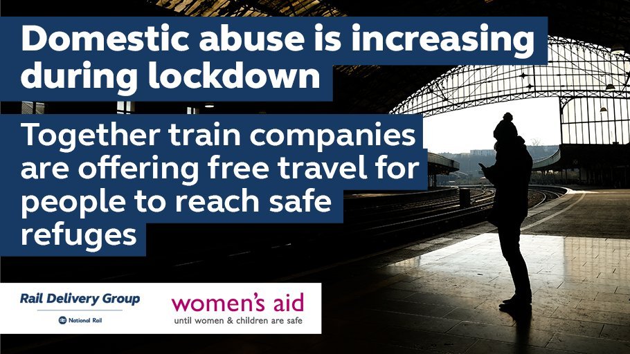 Working with  @womensaid, Britain’s train companies have developed ‘Rail to refuge’ – a scheme that covers the cost of train travel to refuges for those seeking to flee domestic abuse during the  #lockdown. Find out more at  https://media.raildeliverygroup.com/news/train-companies-to-offer-free-travel-to-those-fleeing-domestic-abuse-during-coronavirus-lockdown  @scotwomensaid