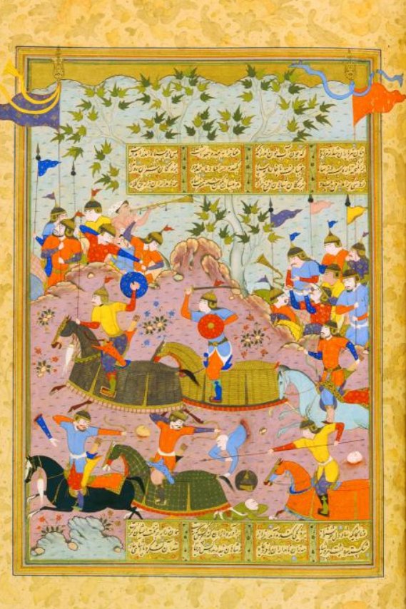 His last two campaigns were definitely targeted against the Hephthalites, specifically a king often called Khushnavaz or Akhshunwar in later sources. Here the Hephthalites use cunning to defeat the Sasanians army. (Shahnama ill. ca. 1590, Shiraz in British Library) rh 8/