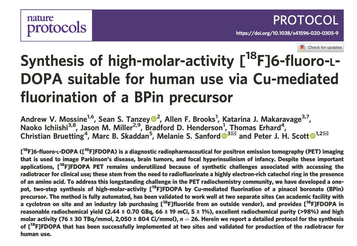 Scott_LabUM's tweet photo. A detailed procedure for the Cu-mediated one-pot synthesis of [18F]6-fluoro-L-DOPA that we developed with @Sanford_Lab is out now in @NatureProtocols. #FDOPA #NuclearMedicine #Radiochemistry Read it here: https://t.co/RWuiFvBthK https://t.co/CJYKqwgNPa