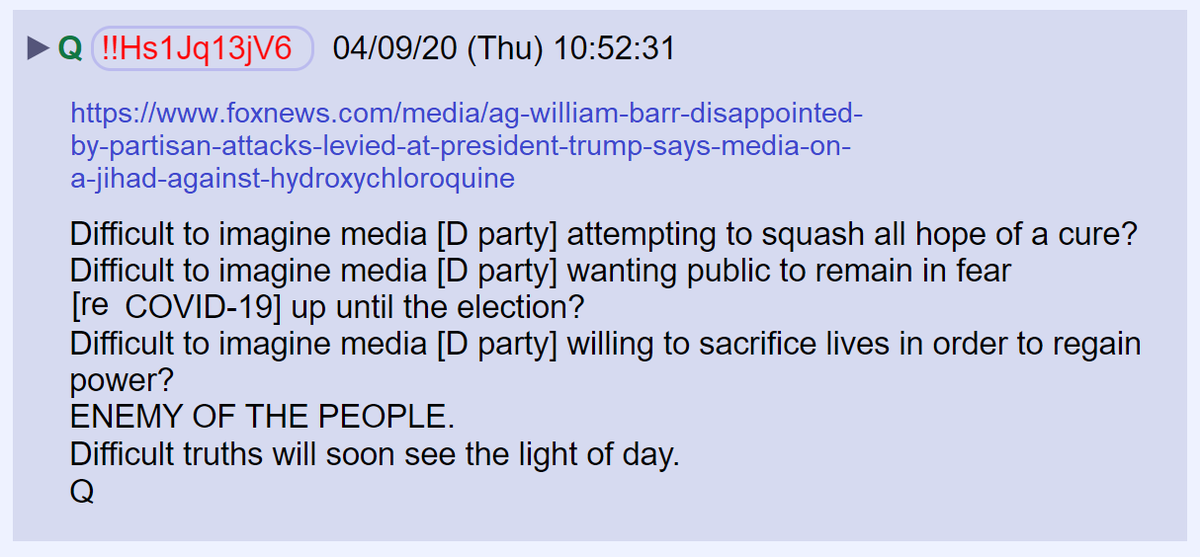 79) Would the media and Dems allow lives to be lost to retain power?Many of them are going to prison if they can't find a way to replace POTUS and Barr. Difficult truths will soon see the light of day.