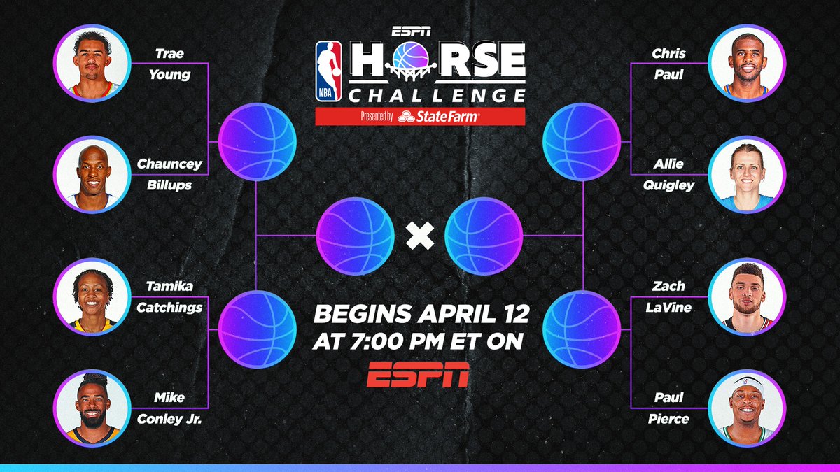 NBA's tweet photo. NBA HORSE Challenge begins Sunday, April 12, at 7:00 PM ET on ESPN! Who ya got? 

@TheTraeYoung vs. @1MrBigShot 
@Catchin24 vs. @MCONLEY10 
@CP3 vs. @alliequigley 
@ZachLaVine vs. @paulpierce34 https://t.co/NRhfBCHlJY