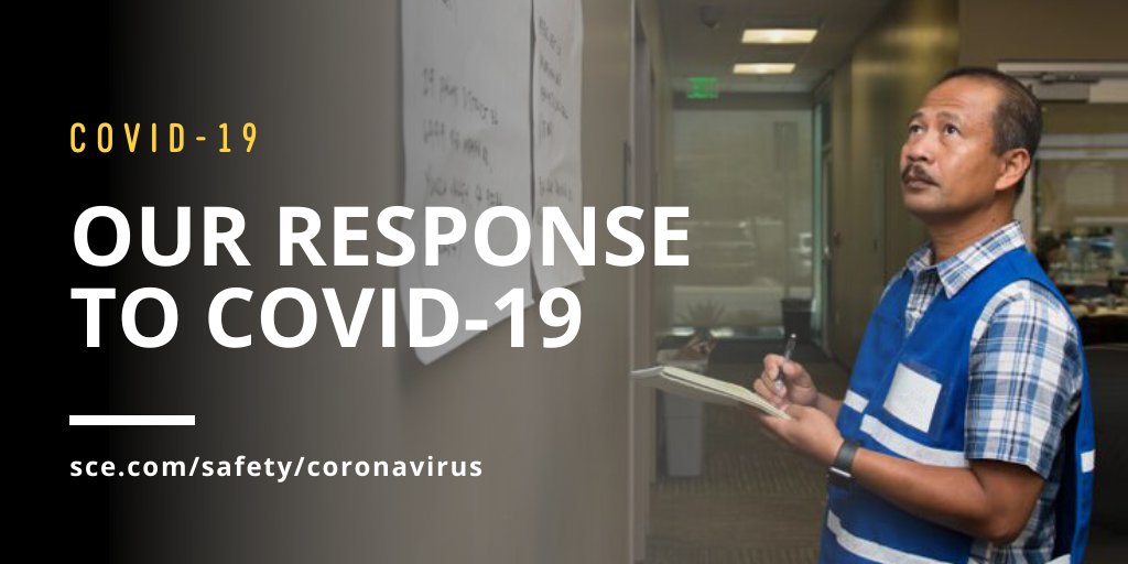 For the latest efforts and what <a href="/SCE/">SCE</a> is doing in response to #COVID-19, visit sce.com/safety/coronav…. 

✔️ Bill Assistance
✔️ Suspension of Service Disconnections
✔️ Waiving Late Fees
✔️ Telework Program for Employees
✔️ Non-critical outages postponed