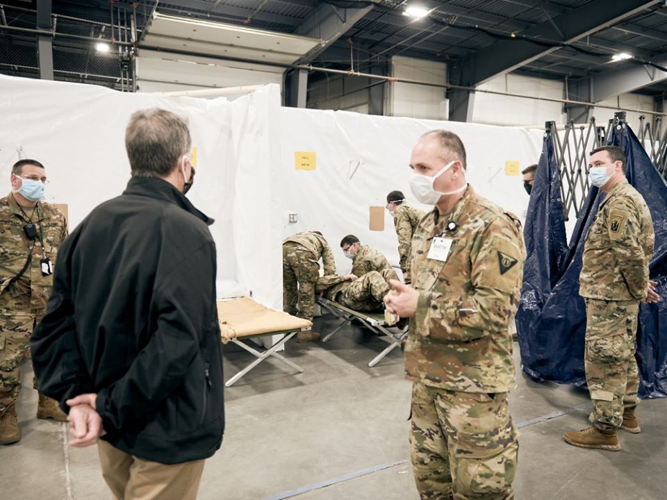 GovPhilScott's tweet photo. Earlier this week I visited the @cv_expo in Essex Junction where the @VTNationalGuard has constructed a medical surge site in case hospitals exceed their capacity as a result of COVID-19. I want to once again thank the Guard for their hard work and dedication as Vermont prepares. https://t.co/NnxV4PdDsT