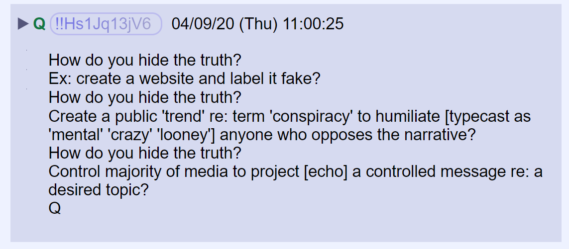 80) Referring to yesterday's cannibalism posts, Q asked how one would hide the truth about acts of darknessYou might create a website that discusses a real, but reprehensible phenomenon, and let the public know the website is fake, and then argue that the subject itself is fake