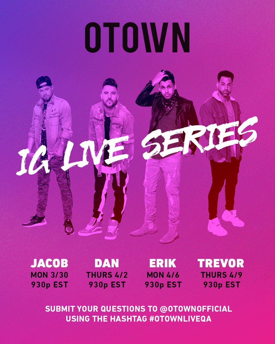 OTownOfficial's tweet photo. Tonight is the last of the O-Town IG Live Series! Don't miss @Trevorpenick24 over on @instagram later! Tweet him some questions using the hashtag #OTownLiveQA! https://t.co/Yfy2jYwwMu