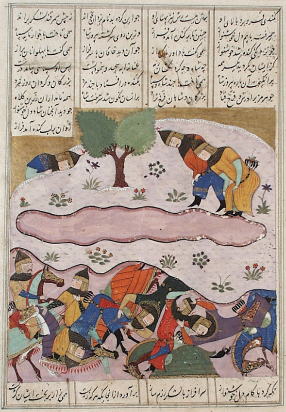 The Hephthalites built a trench, covered it and then lured the Sasanian army so that when they charged they all fell in and died, including Piruz. The defeat left the Sasanians leaderless, broke and with a decimated army. (ill. Shiraz ca. 1485, in LACMA) rh 15/