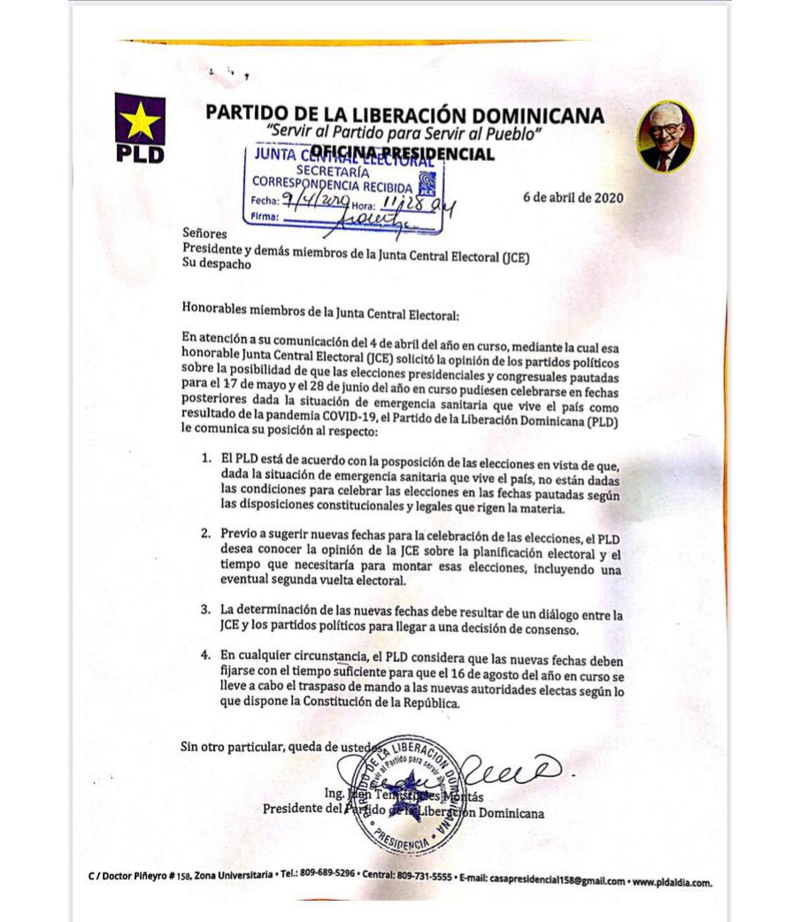 PLD_Presidencia's tweet photo. El Partido de la Liberación Dominicana (PLD) expresó que está de acuerdo con la posposición de las elecciones presidenciales y legislativas fijadas para el 17 de mayo porque no están dadas las condiciones para su celebración exitosa debido a los efectos del coronavirus en el país https://t.co/4OSeqeC0kM