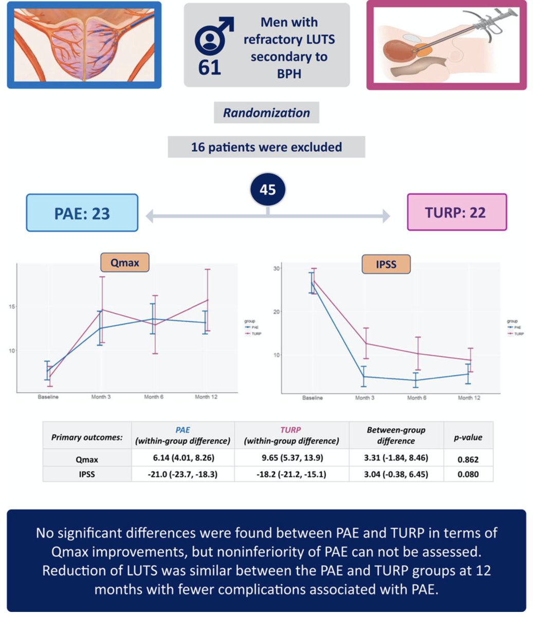 #PAE is an option for men with LUTS. Nice study demonstrating improvement in LUTS after #PAE with similar outcomes to TURP at 1 year. Strong work @Nafarrorum @AriIsaacsonMD @JVIRmedia. doi.org/10.1016/j.jvir…