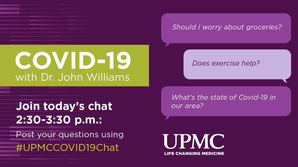 Welcome to our first  #UPMCCOVID19Chat! We’re here with Dr. John Williams, chief of  @Peds_ID at  @ChildrensPgh, answering your questions about  #COVID19. To participate in today’s chat, post your questions using  #UPMCCOVID19Chat. Let's get started!