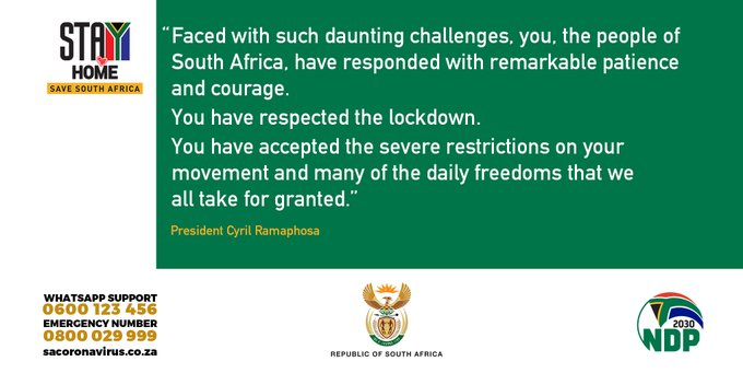 GovernmentZA's tweet photo. "Faced with such daunting challenges, you, the people of South Africa have responded with remarkable patience and courage." - President Ramaphosa #LockdownSA #Covid_19SA https://t.co/brLtGxFV9N