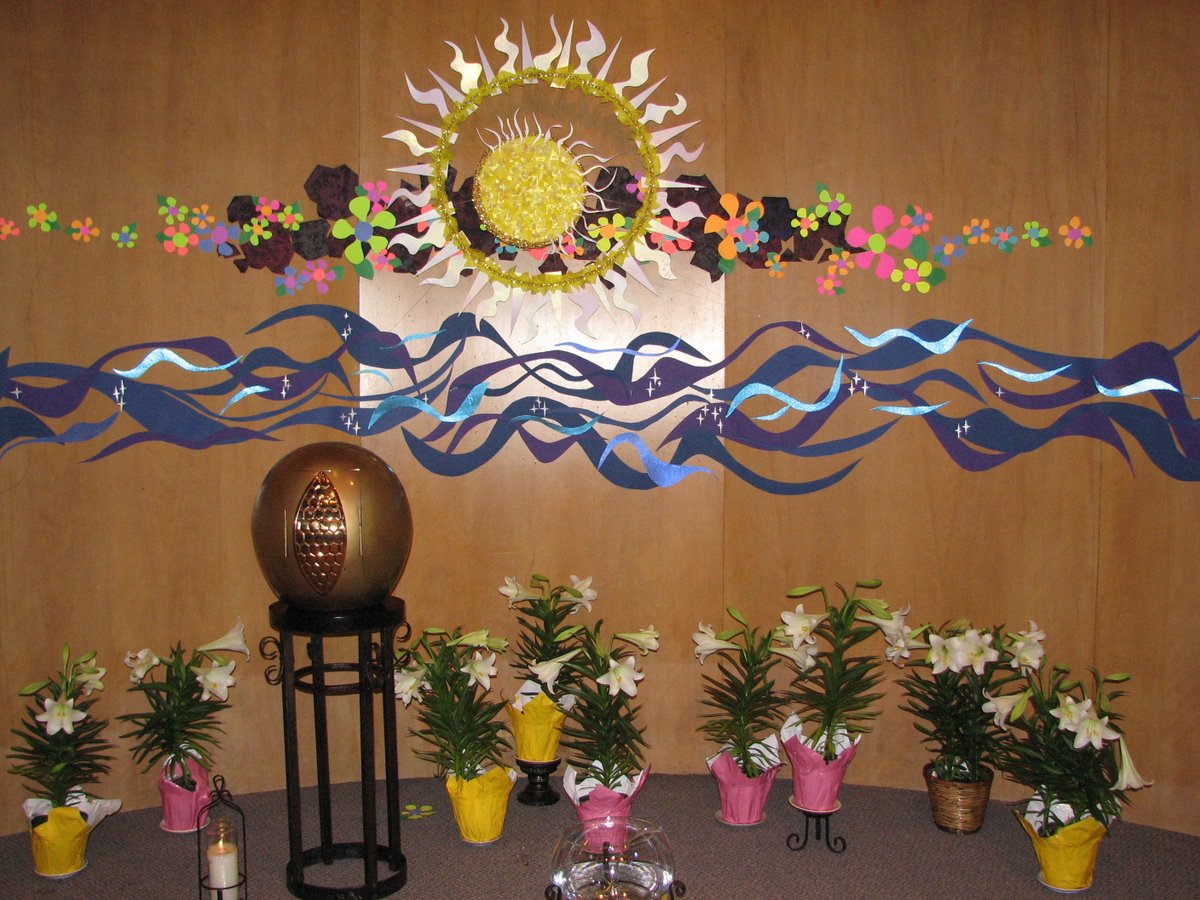 Today we may be separated on the physical plain, but our spirits gather in great rejoicing for the gift of living water that quenches all thirst!  Hallelujah!

Caption:  The altar space from an Easter past at our MMS chapel in Philadelphia