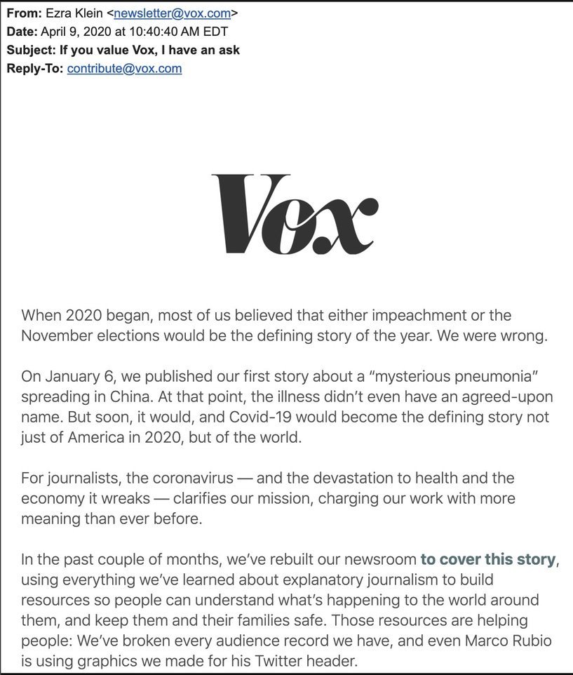 The Vox DoctrineMedia companies are profiting from a crisis they helped create. Vox/Recode dismissed the pandemic, scorned precautions, told you not to wear masks, even attacked philanthrophy!Now they're setting traffic records.Need citizen journalism, not corporate media.