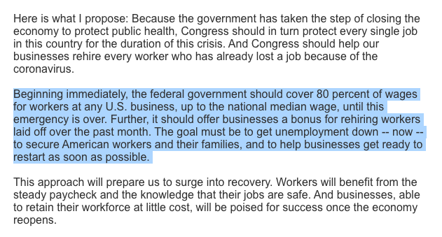 byHeatherLong's tweet image. Just In: GOP Senator Josh Hawley (Missouri) proposes a Denmark-style plan where the US government pays 80% of worker wages.

"Beginning immediately, the federal gov should cover 80% of wages for workers at any US biz, up to the nat'l median wage, until this emergency is over"